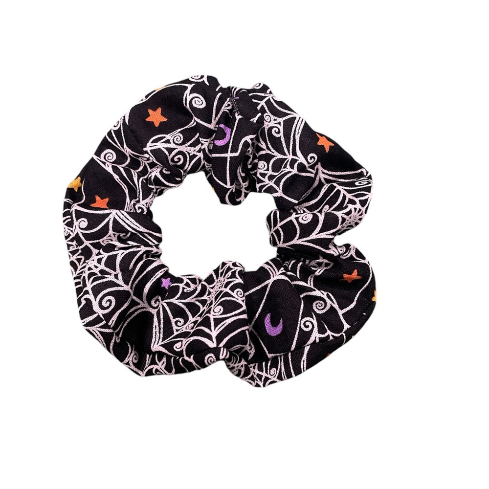 Handmade hair tie scrunchie.  Black with spiderwebs.  Halloween.